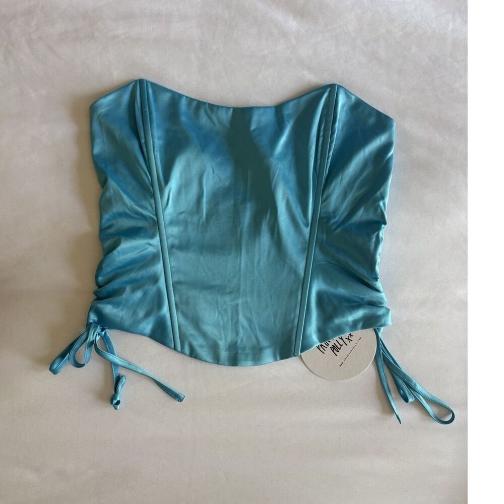 Princess Polly NWT Blue Satin Strapless Corset Top US 4 AU 8 Ruched Tie Back Zip
